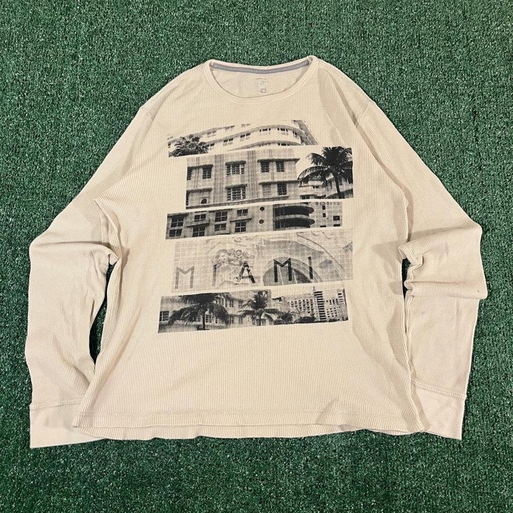 JF Miami Graphic Thermal Long Sleeve Shirt Mens Large Cream Gray Streetwear